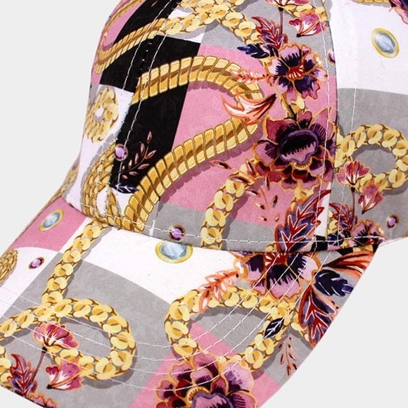 Gray white Pink flower gold chain patterned adjustable baseball hat - Picture 2 of 3